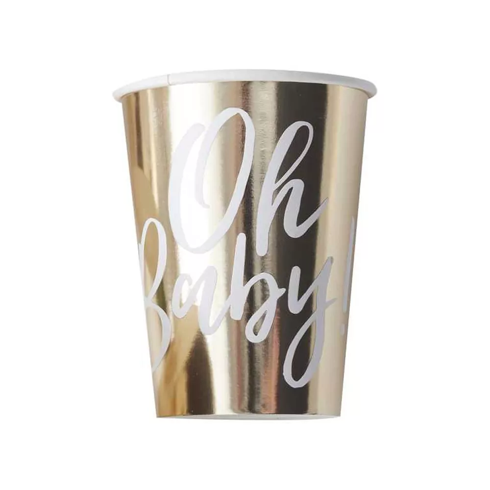 Papieren goudkleurige beker met Oh baby erop
