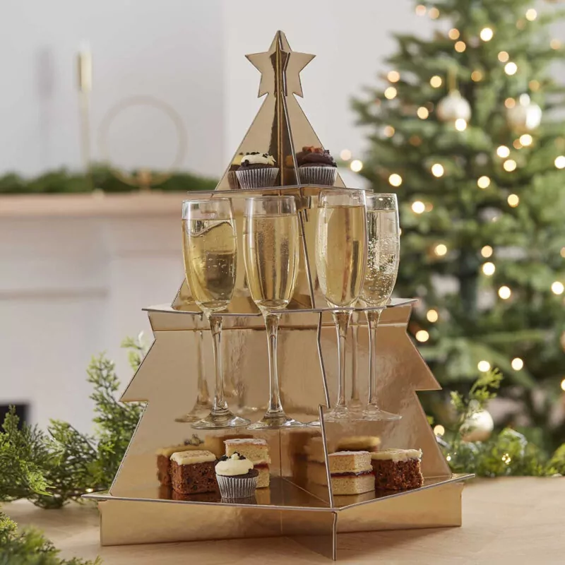 Hapjes & Drankjes Standaard in de vorm van een kerstboom met champagne fluitjes en hapjes