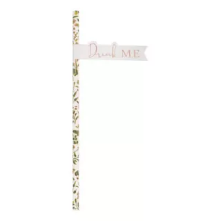 papieren rietje met bloemenprint en drink me labeltje