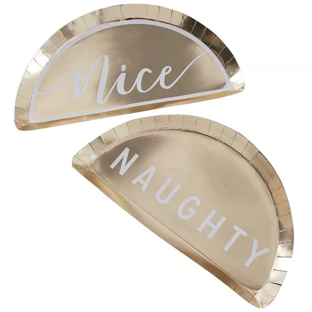 Gouden bordjes in de vorm van een halve maan met nice en naughty erop