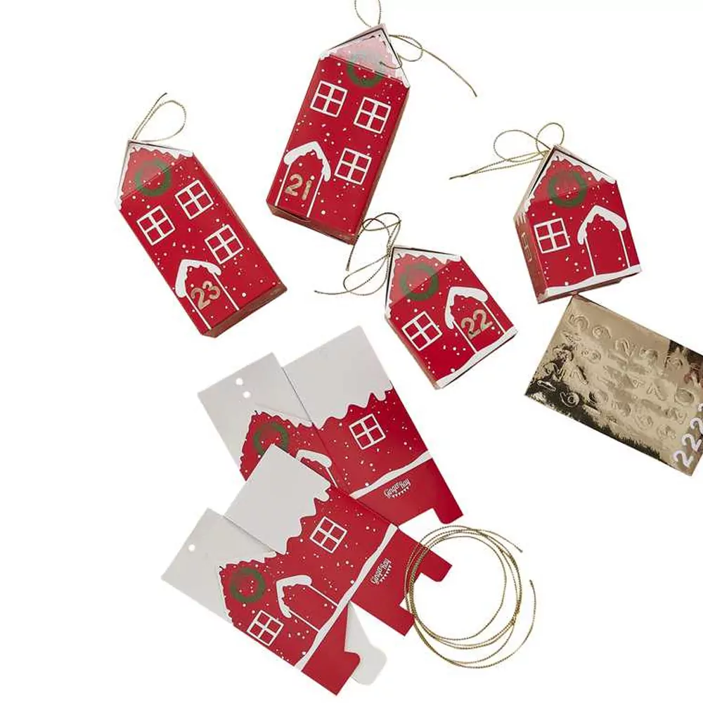 Adventkalender kerstdorp met rode huisjes om zelf te maken
