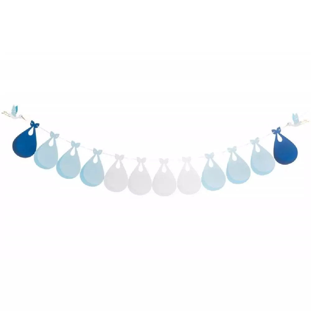 Slinger met twee ooievaars en blauwe en witte babydoeken