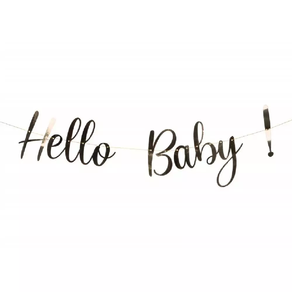 Gouden letterbanner met gouden letters 'Hello Baby' en uitroepteken