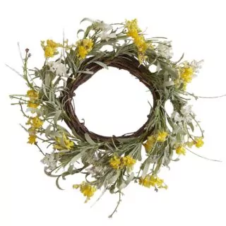 Vrolijke deurkrans met gele en witte bloemen en groene met bruine takjes