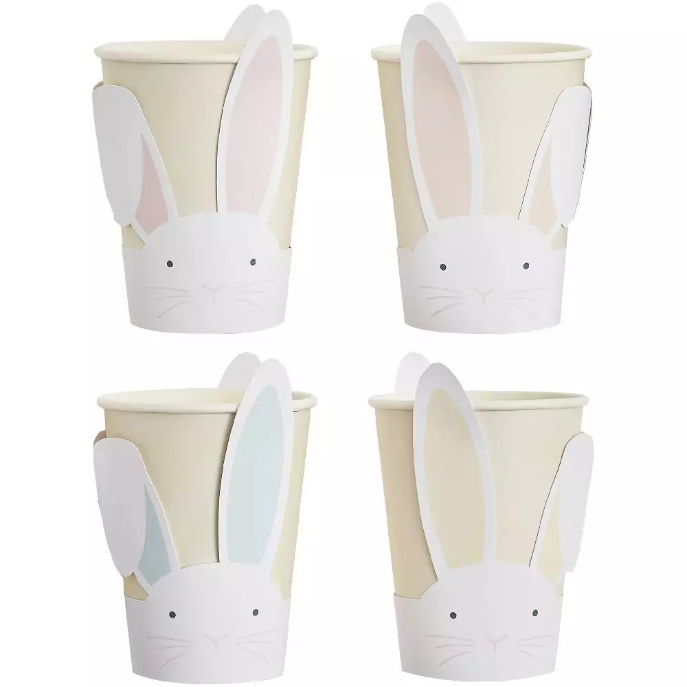 Papieren bekers met konijntjes met gekleurde oren in het roze, oranje, geel en blauw