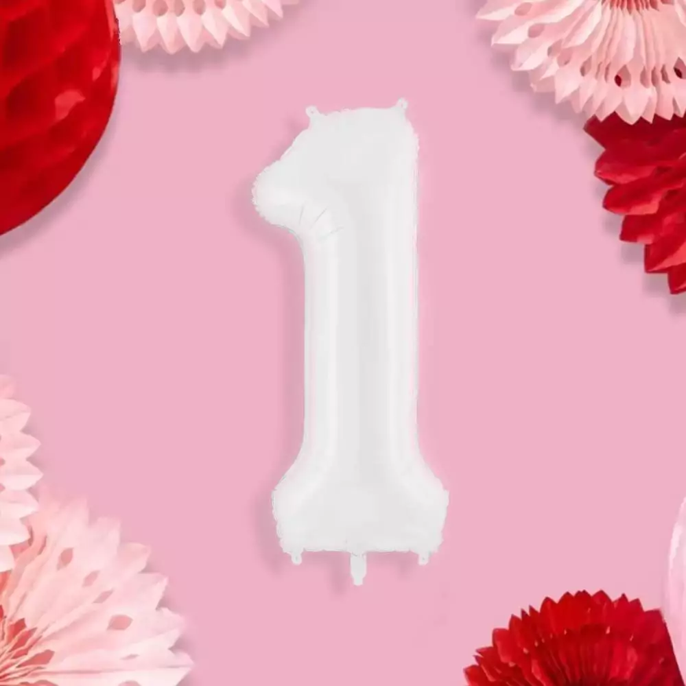 Folieballon cijfer 1 in het wit op een roze achtergrond