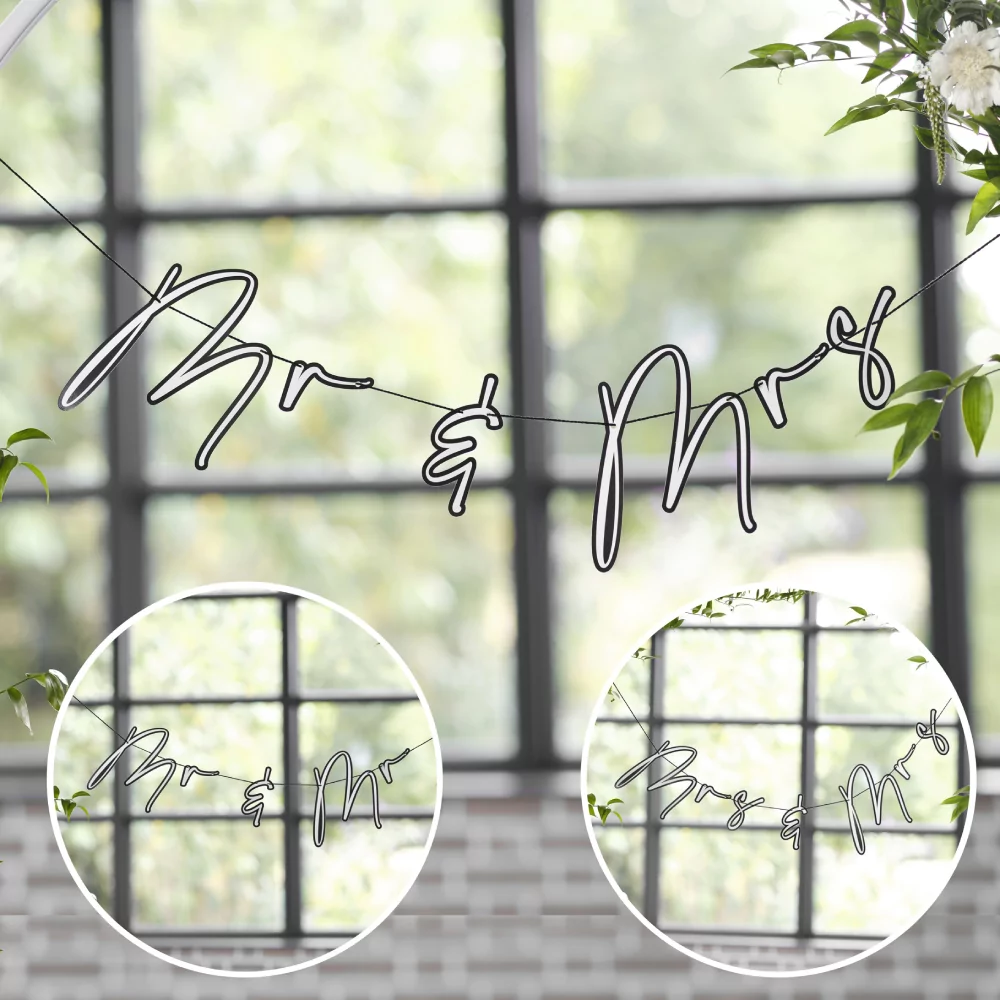 Aanpasbare slinger in het zwart en wit met de tekst Mrs & Mr, Mr & Mr en Mrs & Mrs