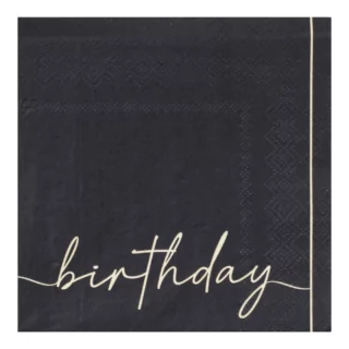 chique zwart servet met birthday erop