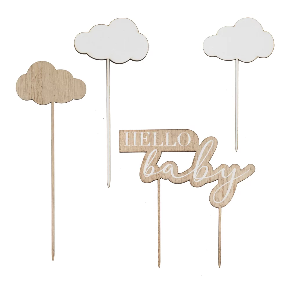 Houten taart toppers met de tekst hello baby en drie wolkjes in het wit en houtkleur