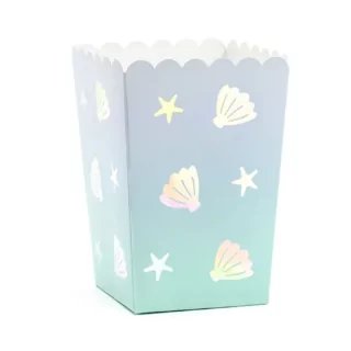 Popcornbakje in het paars met blauw in ombré effect en met iridescent schelpen en zeesterren