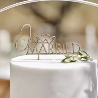 Houten taarttopper met de tekst just married zit in een witte taart versierd met bladgroen
