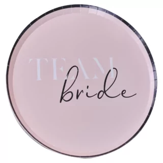 Papieren bordje in het roze met zwarte rand en in het midden de tekst team bride