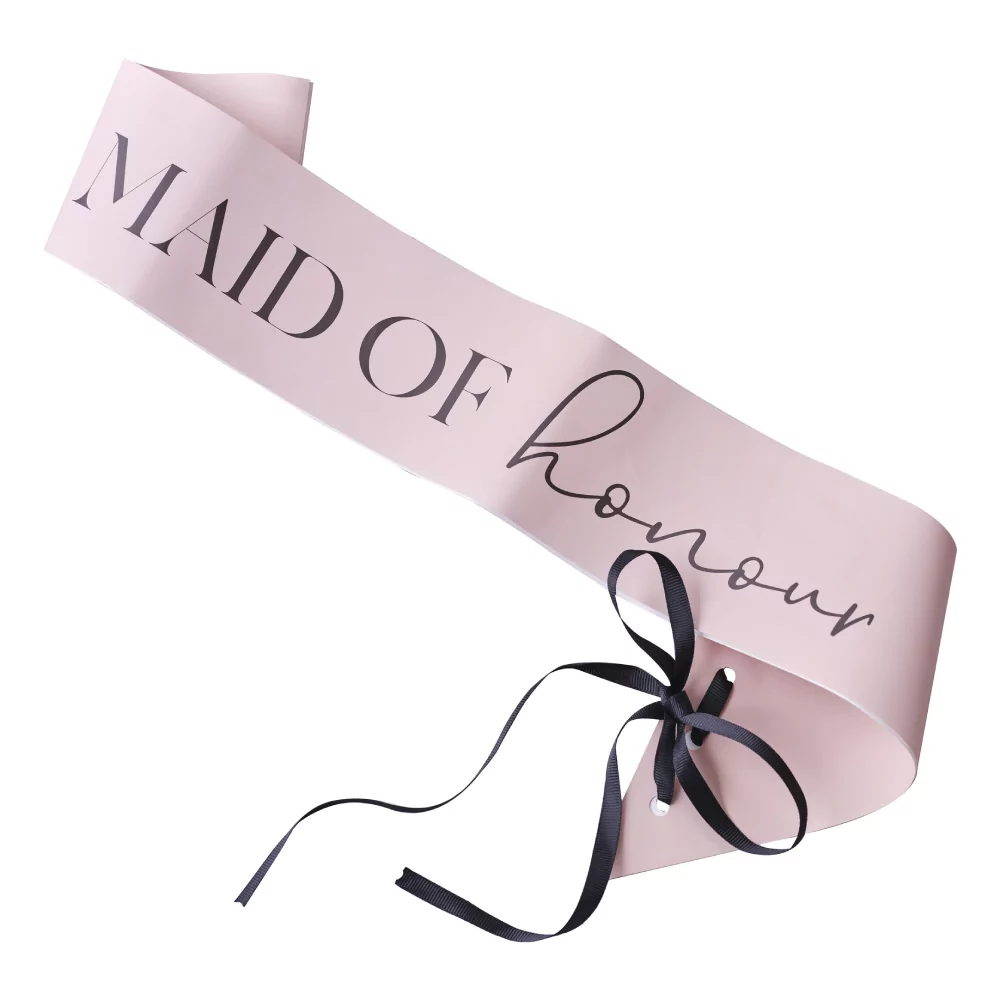 Lichtroze sjerp met de tekst maid of honour en een zwart lint