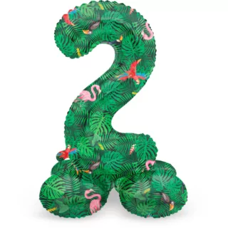 Folieballon op standaard cijfer 2 met groene bladeren, papegaaien en flamingo's