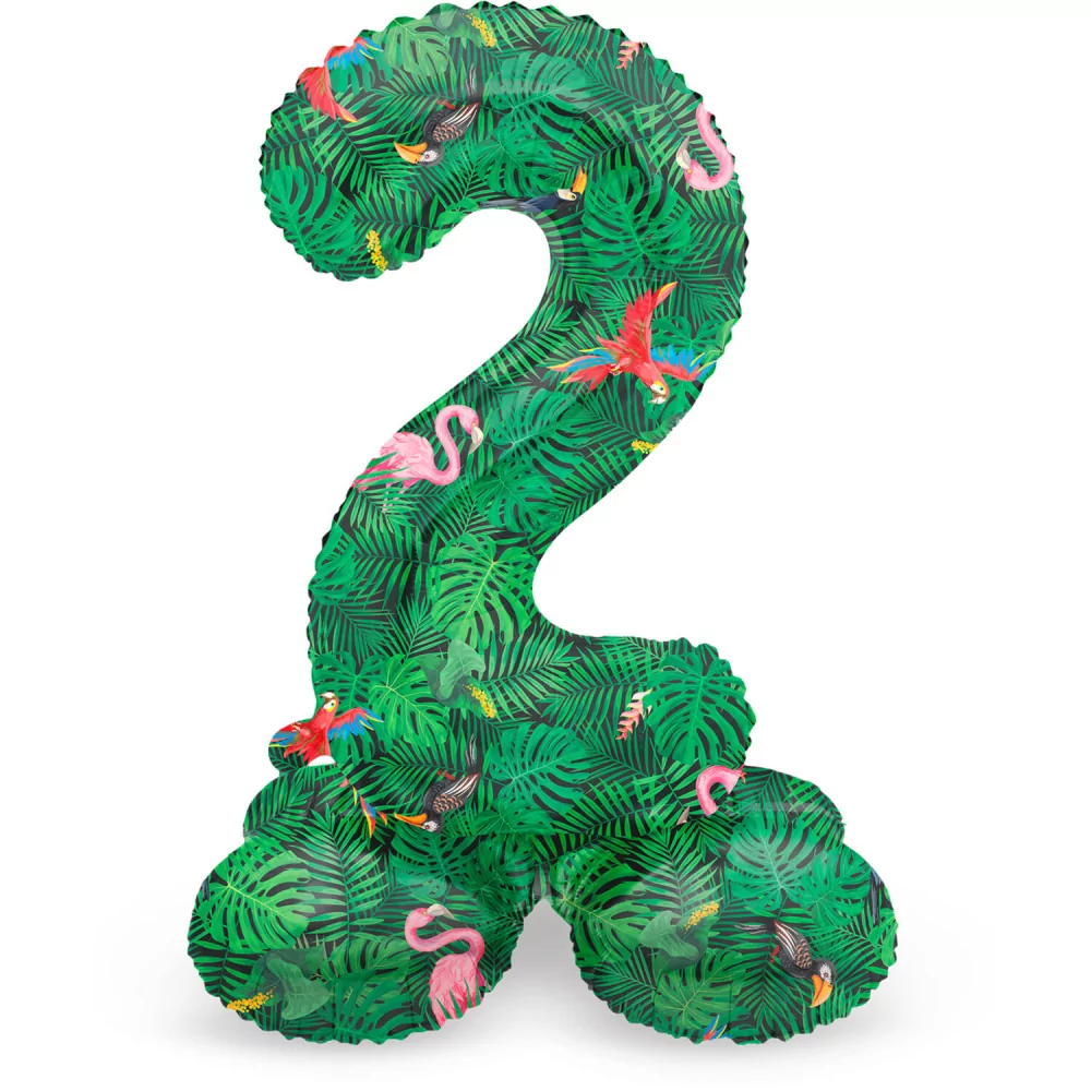 Folieballon op standaard cijfer 2 met groene bladeren, papegaaien en flamingo's