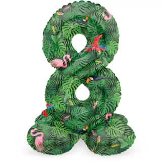 Folieballon cijfer 8 op standaard met groene bladeren en tropische vogels zoals papegaaien, flamingo's en toekans