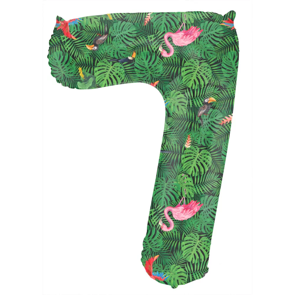 Folieballon cijfer 7 met groene bladeren en flamingo's, papegaaien en toekans in het roze, zwart, oranje, rood en blauw