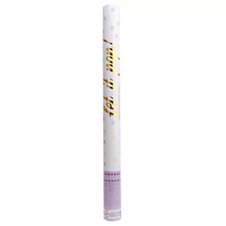 Roze en witte confettishooter met gouden tekst en pastelkleurige confetti