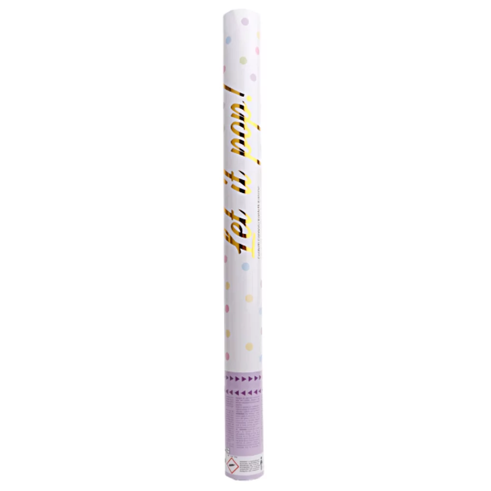 Roze en witte confettishooter met gouden tekst en pastelkleurige confetti