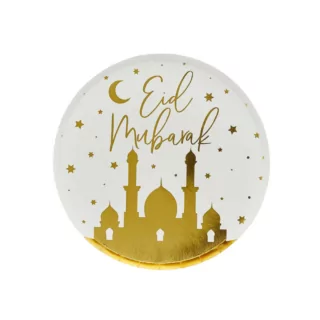Papieren bordje in het goud en wit met de tekst Eid Mubarak