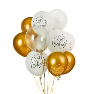 Witte en gouden ballonnen voor het Suikerfeest met hierop de tekst Eid Mubarak en transparante confettiballonnen