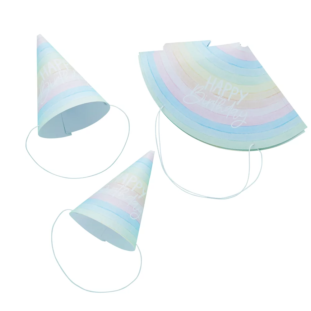 Regenboog feesthoedjes in pasteltinten met witte tekst happy birthday