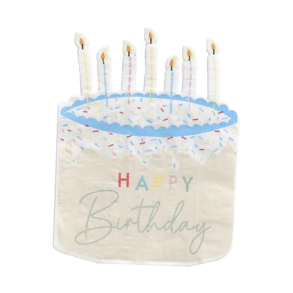 Servetten in de vorm van een taart kleurlijk met happy birthday