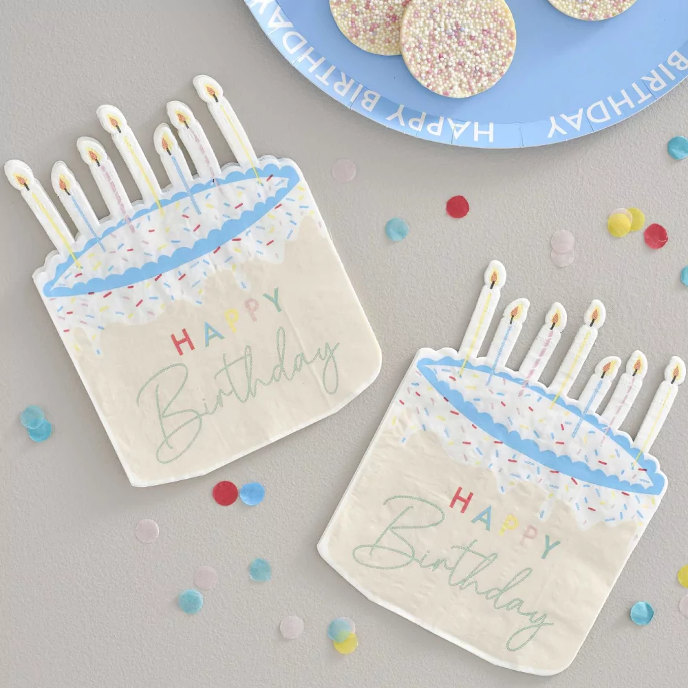 Servetten in de vorm van een taart kleurlijk met happy birthday