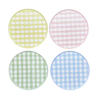 bordjes met gerut patroon in het wit, geel, roze, blauw en groen