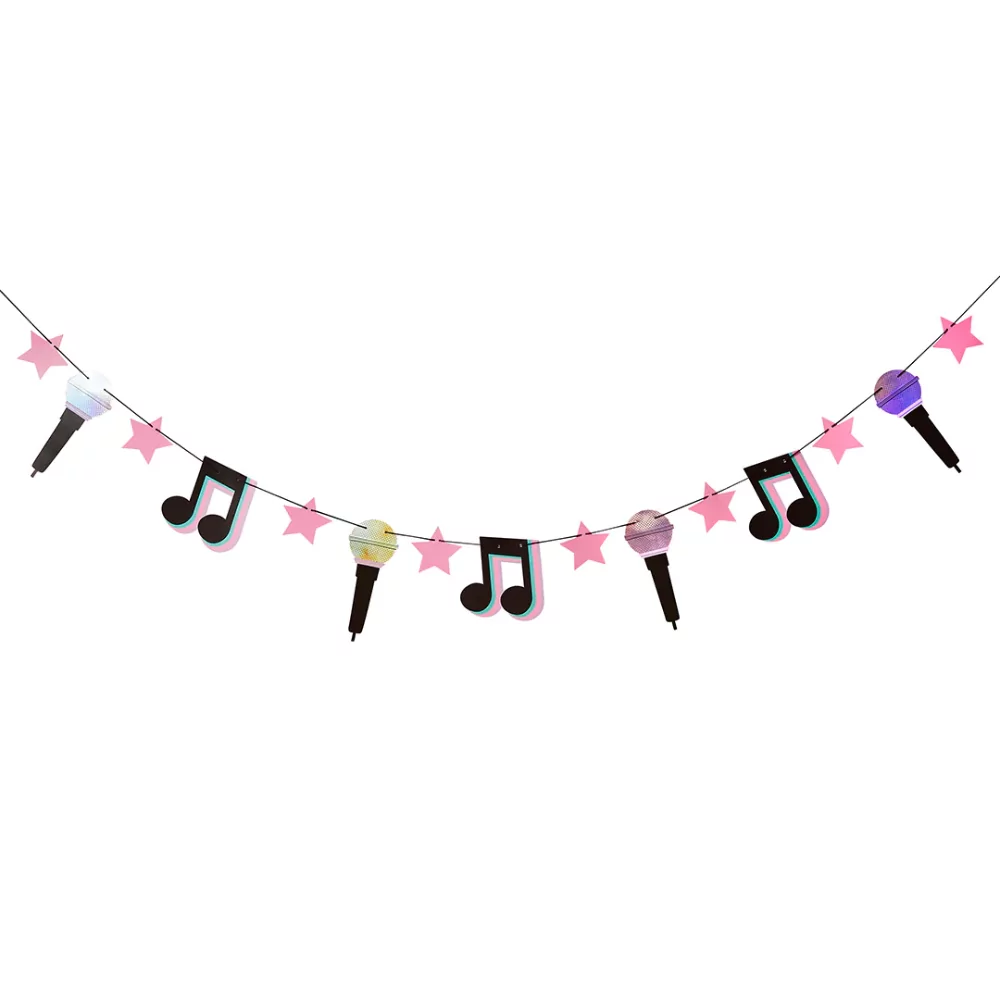 slinger met muzieknootjes, microfoontjes en roze sterren
