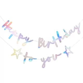 iridescent slinger op een grijze muur met de tekst happy birthday to you