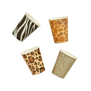 papieren bekers met dierenprint waaronder een zebra, slang, giraffe en tijger
