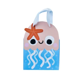 Cadeautasje in de vorm van een zachtroze kwal met blauwe vinnen en een oranje zeester