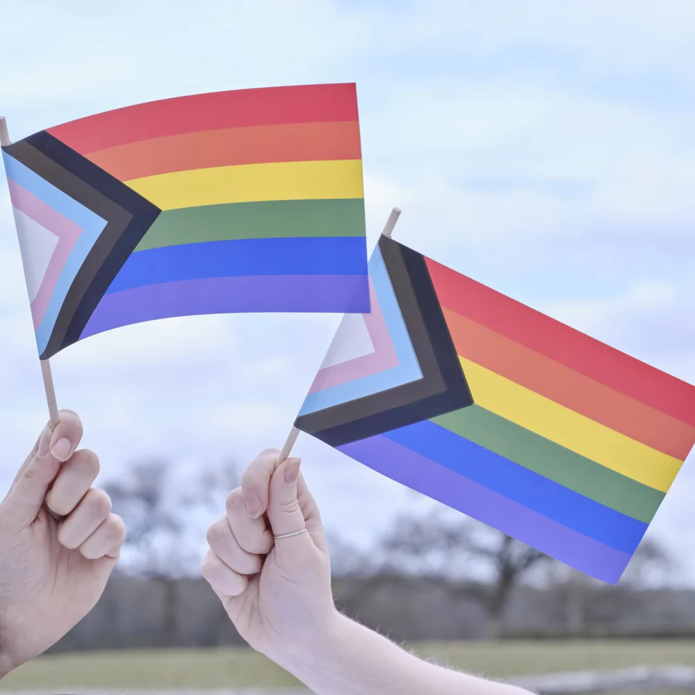Twee handen met vieze nagels houden regenboog vlaggetjes vast