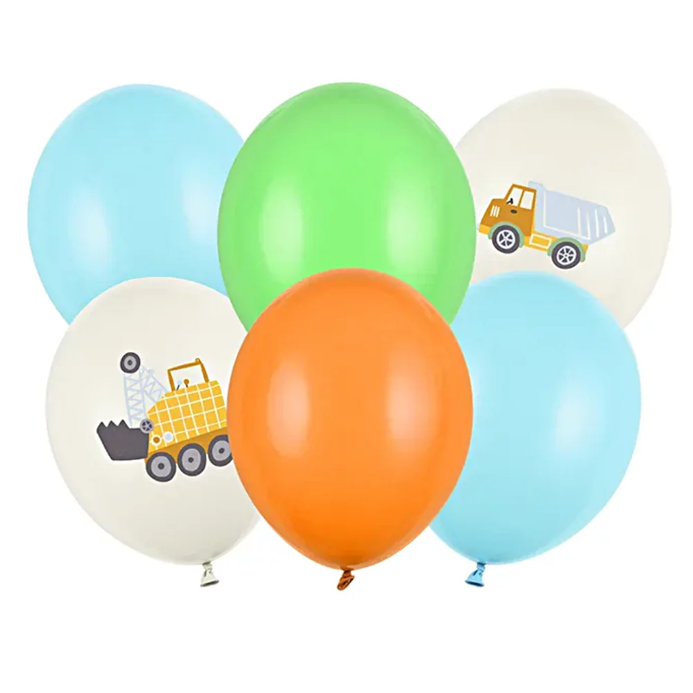 ballonnen in het groen, oranje, blauw en creme met bouw voertuigen erop voor verjaardag jongen