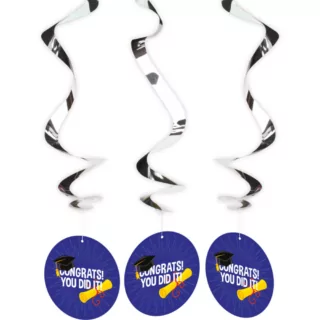 hangende zilveren swirls met blauwe rondjes met de tekst congrats you did it