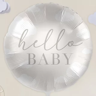 folieballon taupe beige en wit met wolken en de tekst hello baby