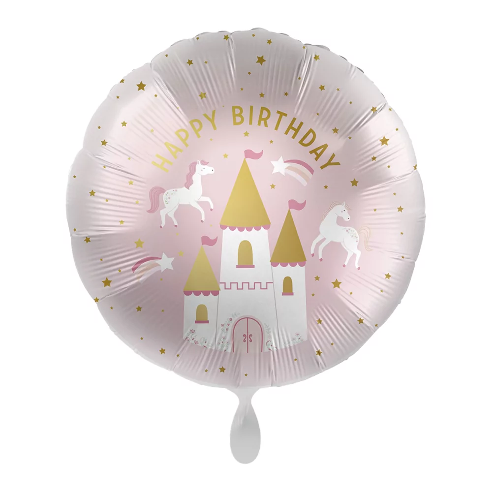 prinsessen folieballon met gouden tekst happy birthday en een kasteel