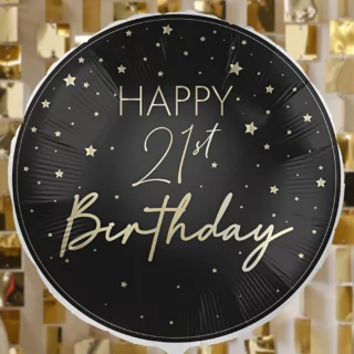 zwarte ronde ballon met gouden sterren en gouden tekst happy 21st birthday