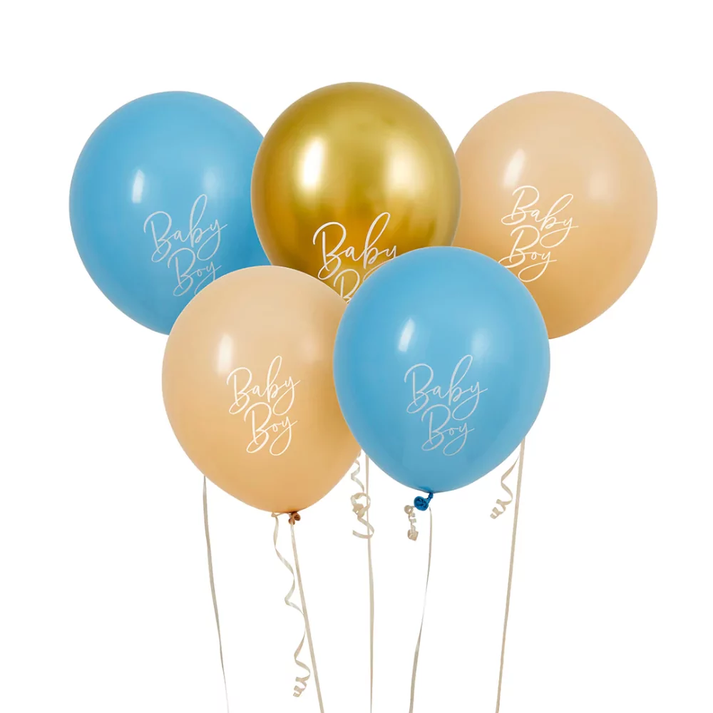ballonnen in het blauw, goud en nude met de witte tekst baby boy