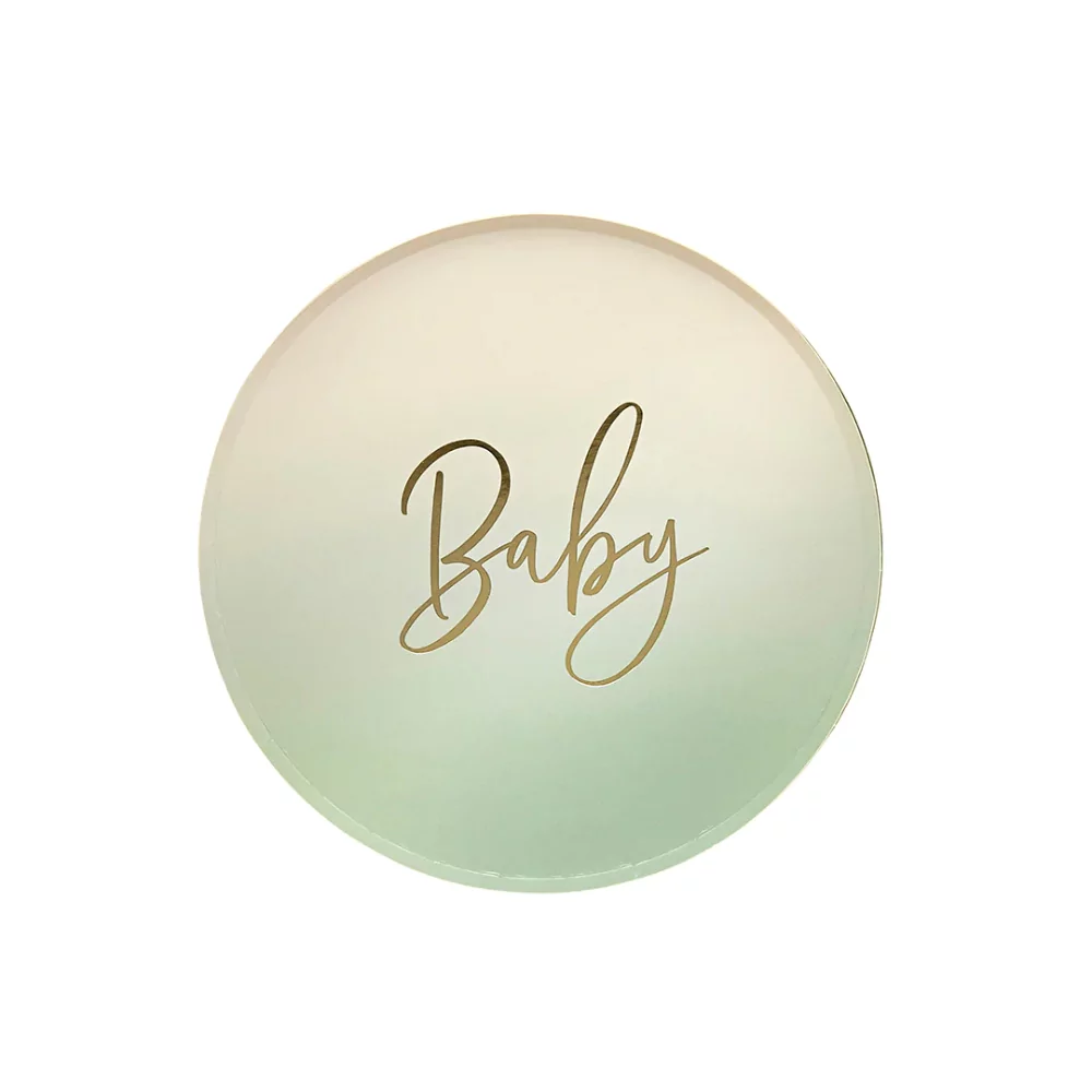 saliegroen bordje met ombre effect en gouden tekst baby