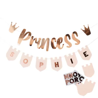 personaliseerbare slinger in het rose goud en lichtroze met prinsessen thema