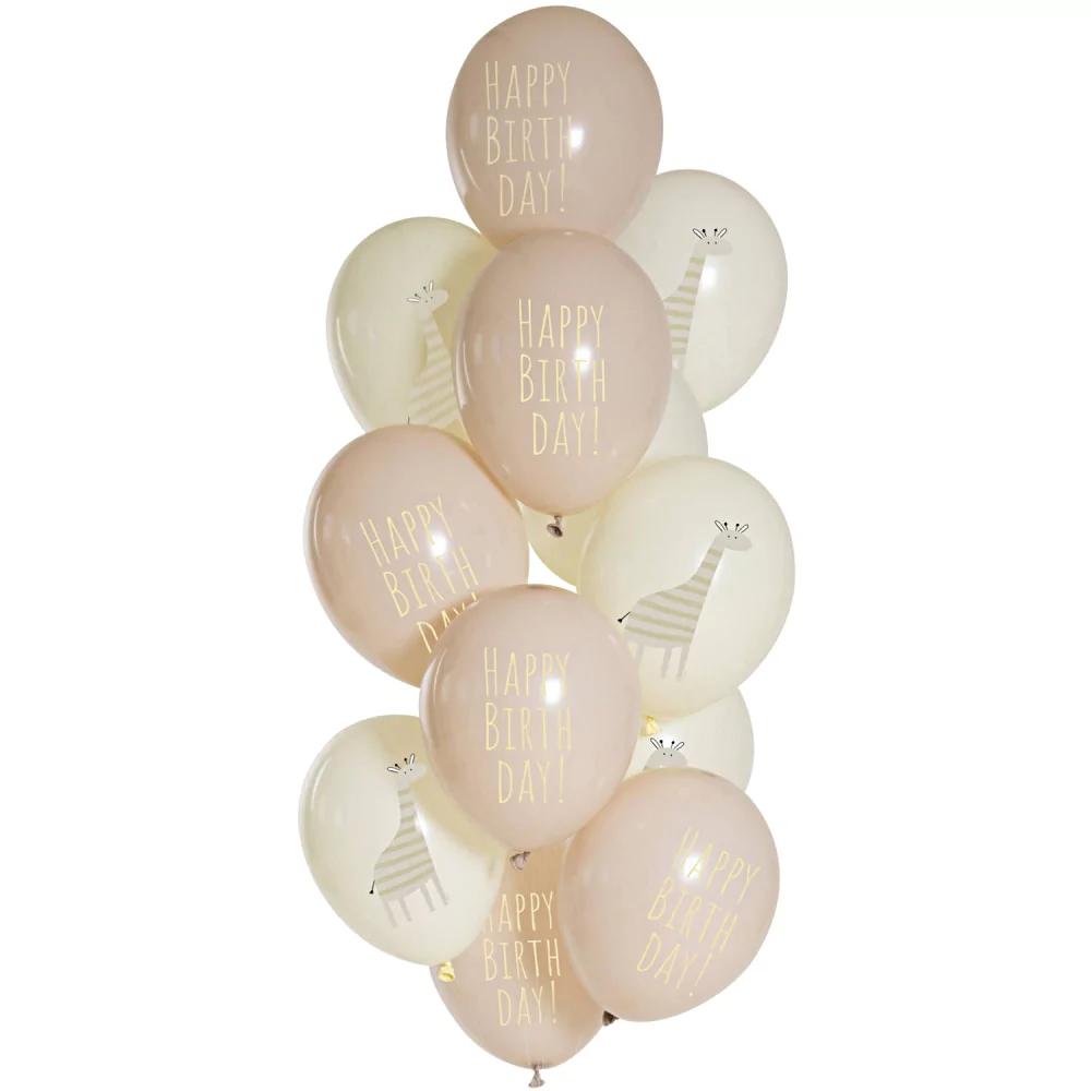 Nude en beige ballonnen met de witte tekst happy birthday en bedrukt met een giraffe