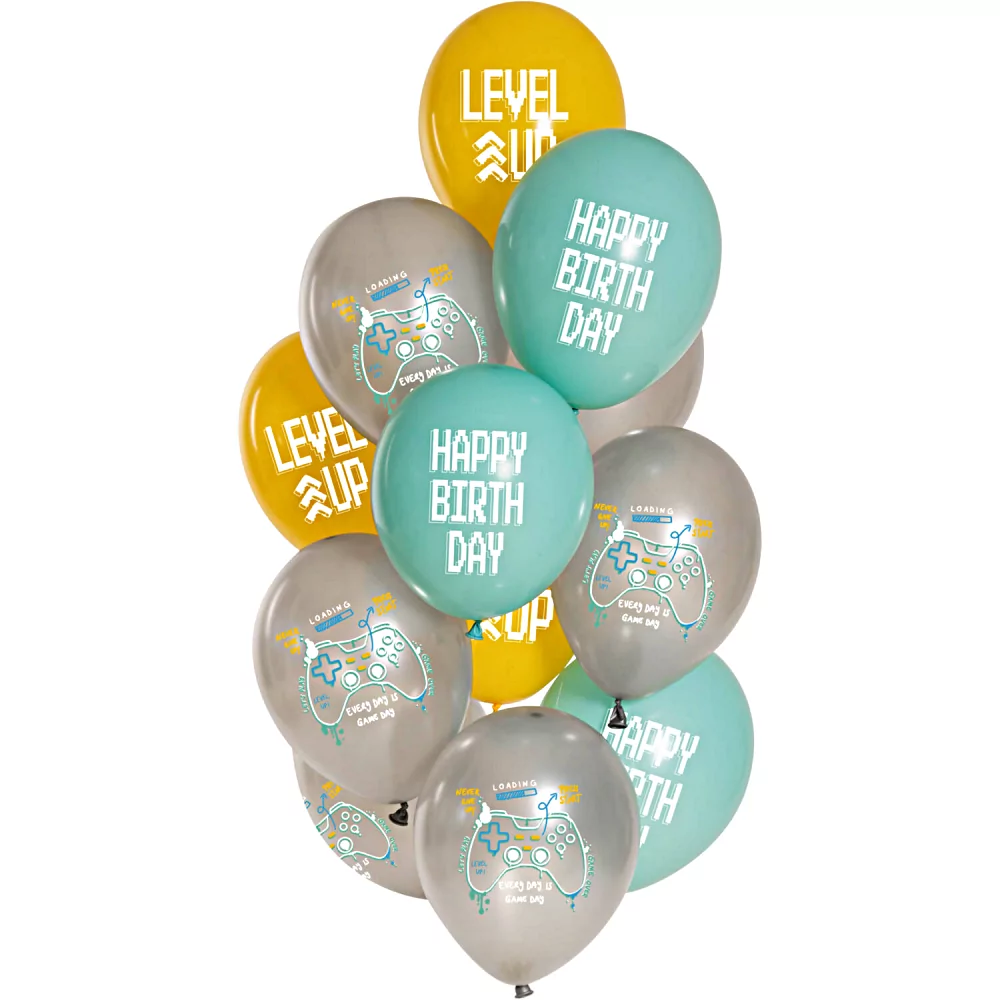 Ballonnen in het geel, groen en grijs met een controller erop, de tekst happy birthday en de tekst level up