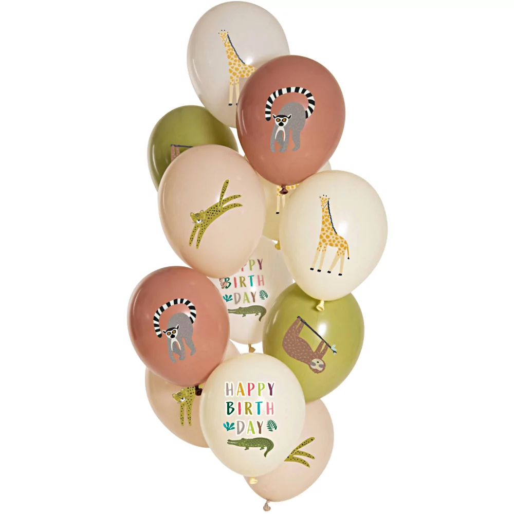 Ballonnen set met jungledieren zoals een giraffe, luipaard, luiaard, stokstaardje en krokodil in het wijnrood, misgroen en beige