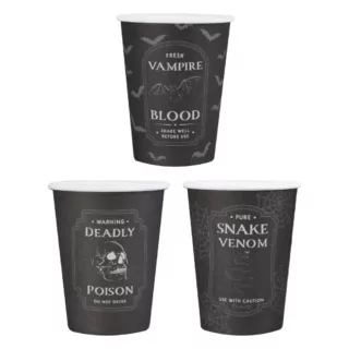 Zwart met witte halloween bekers met de teksten pure snake venom, fresh vampire blood en warning deadly poison