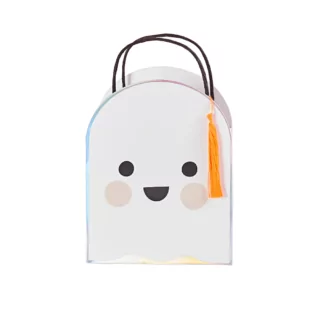 Cadeautas in de vorm van een spookje die lacht met een oranje tassel
