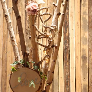 Houten versiering met lampjes hangt in een boom