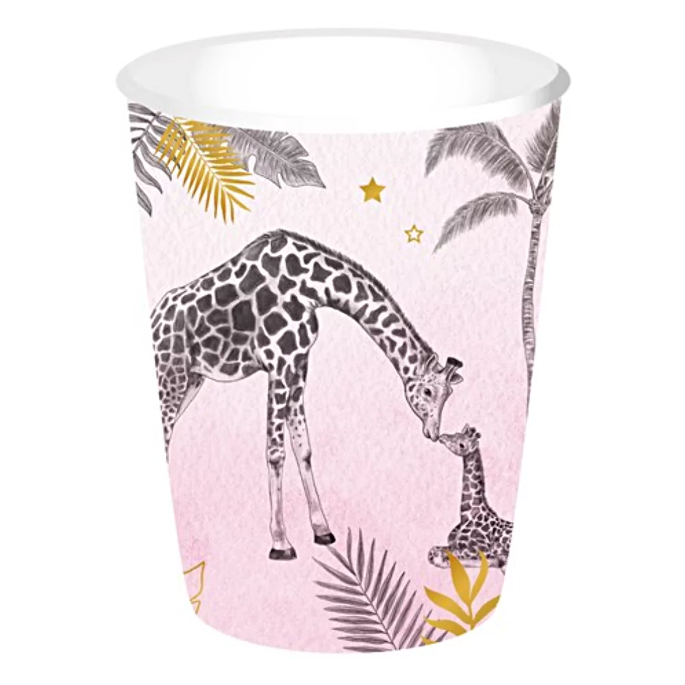 Roze beker met zwarte en gouden opdruk met jungle dieren en palm bladeren