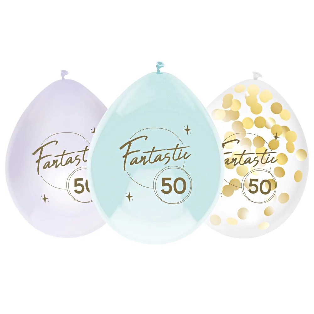 Latex ballonnen in het mint groen en lila en gouden confetti met de tekst fantastic 50 voor een verjaardag